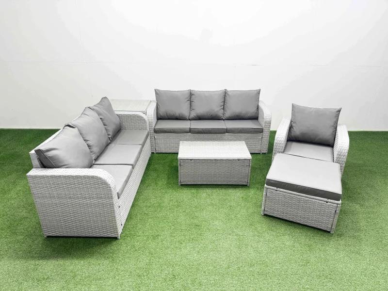 Image of Fimous 8 Seater Poly Rattan Outdoor Garden Furniture Sofa Set Patio 3 Seater Sofa Reclining Chair 3 Seater Sofa Big Footstool Side Table Light Grey Li