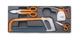 Image of Beta Tools T285 5pc Hacksaw Tin Snips & Scissors Set Hard Tray for Roller Cabs