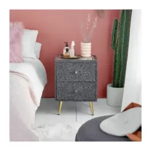 Image of Velvet Bedside Table - Grey Bedside Cabinet - Leopard Print Nightstand With Glass Top & Gold Legs - Animal Print Bedside Drawers - Side Table For