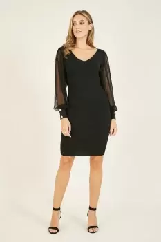 Image of Black Knitted Bodycon Dress With Chiffon Sleeves