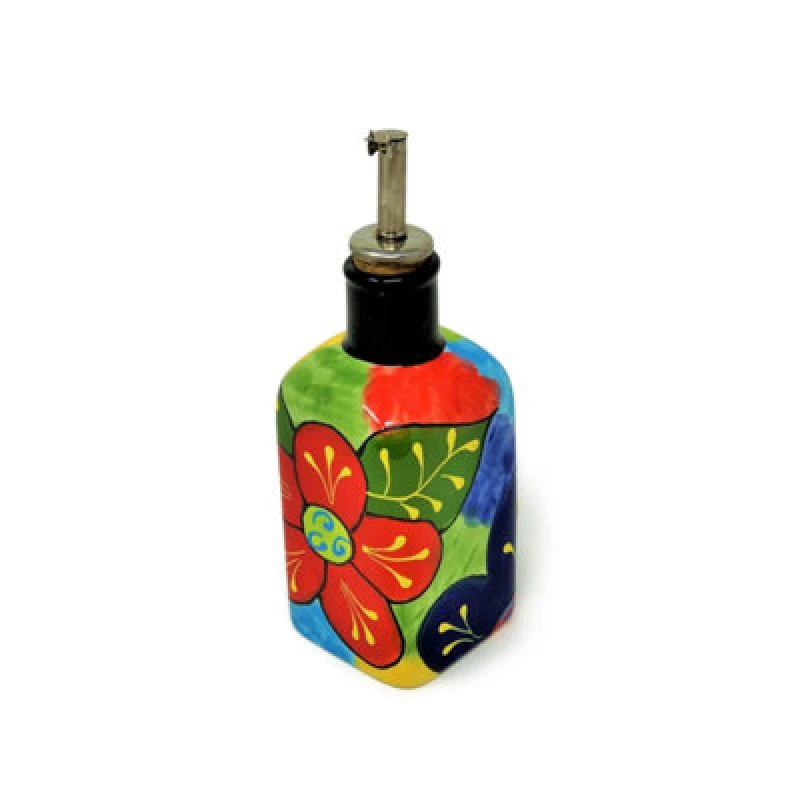 Image of Verano Spanish Ceramics Classic Spanish Hand Painted Kitchen Dining Squared Oil Drizzler 250ml Floral Multi unisex