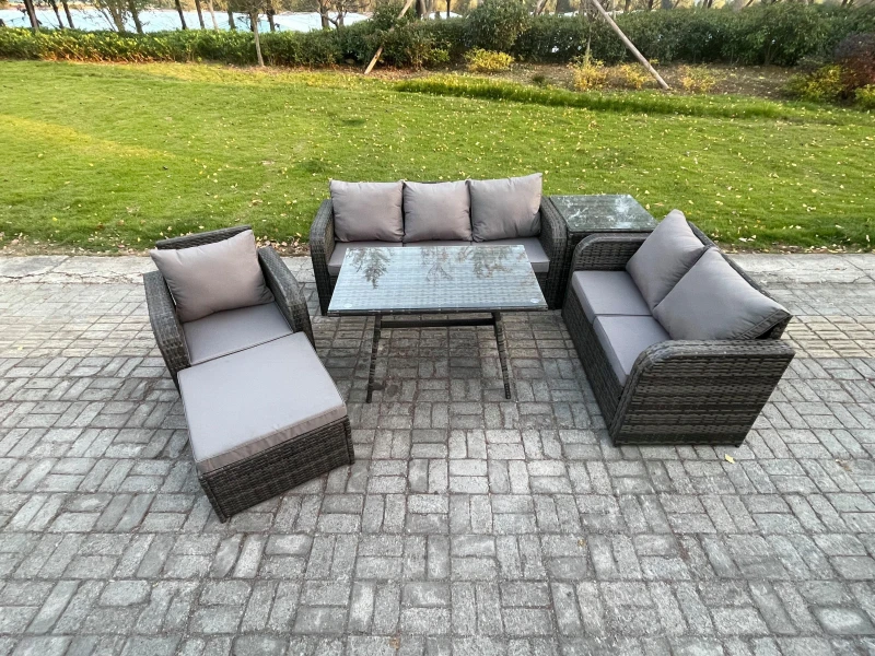 Image of Fimous 7 Seater Outdoor Rattan Garden Furniture Set Patio Lounge Sofa Set with Dining Table Big Footstool Side Table Dark Grey Mixed Dark Grey
