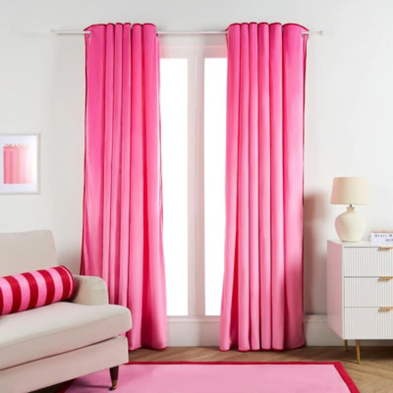 Image of OHS OHS Piped Edge Velvet Curtains Thermal Eyelet Blackout in Pink Size: 168cm width x 229cm drop Pink 168cm width x 229cm drop Unisex 5027434233007