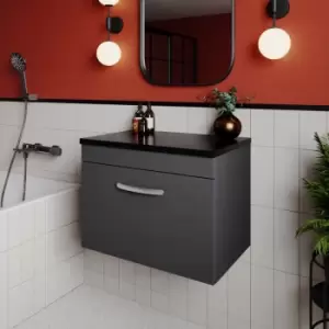 Image of Nuie - Athena Wall Hung 1-Drawer Vanity Unit with Sparkling Black Worktop 600mm Wide - Gloss Grey