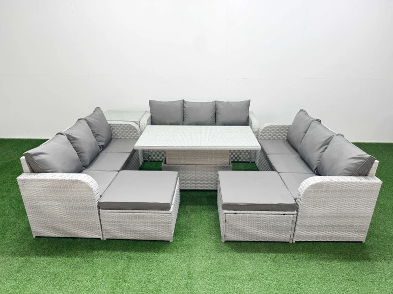 Image of Fimous PE Rattan Lounge Sofa Set 11 Seater Outdoor Garden Furniture Set with 3 Seater Sofa 2 Big Footstools Side Table Light Grey