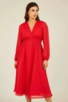 Image of Red Metallic Dobby Long Sleeve Midi Dress