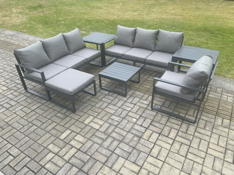 Image of Fimous Aluminium 8 Seater Outdoor Garden Furniture Lounge Sofa Set with Square Coffee Table Chair Big Footstool 2 Side Tables Dark Grey Dark Grey Unis