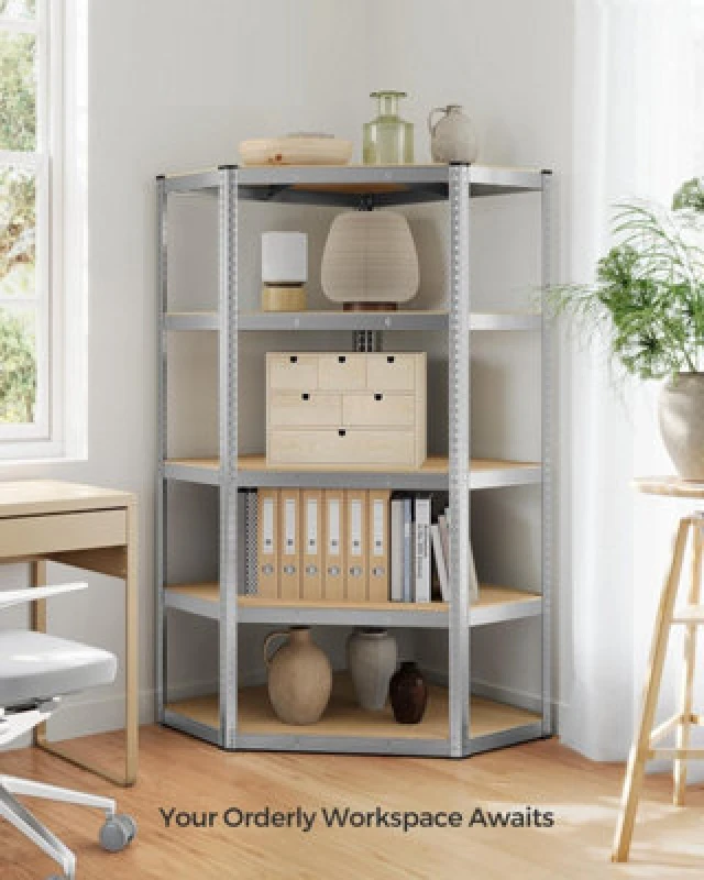 Image of Songmics Corner Shelf, Heavy Duty Metal Shelving Unit, 5-Level Garage Storage Rack, Silver And Natural Beige