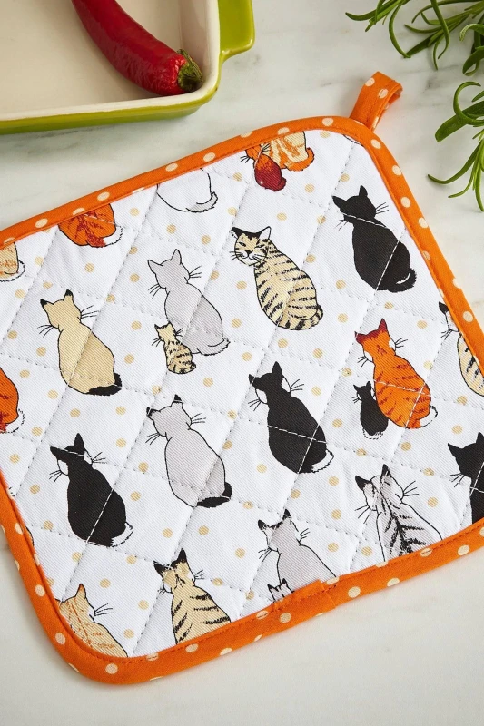 Image of Ulster Weavers 'Cats In Waiting' Animal Print 100% Cotton Pot Mat Orange