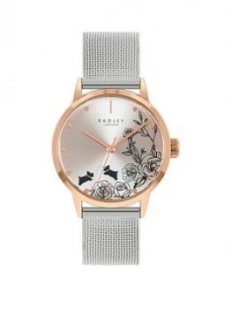 Image of Radley Floral Dog Dial Rose Tone Bezel Stainless Steel Mesh Watch