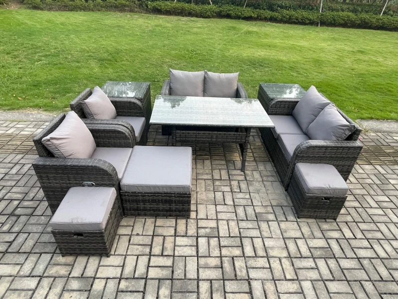 Image of Fimous Outdoor Rattan Garden Furniture 10 piece Grey Patio Furniture Set 9 Seater Lounge Sofa Set with Rectangular Table in Dark Grey Dark Grey Unisex