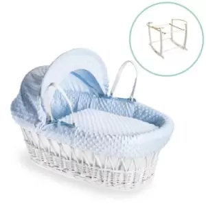 Image of Clair de Lune Dimple White Wicker Moses Basket in Blue & White Deluxe Rocking Stand - Blue