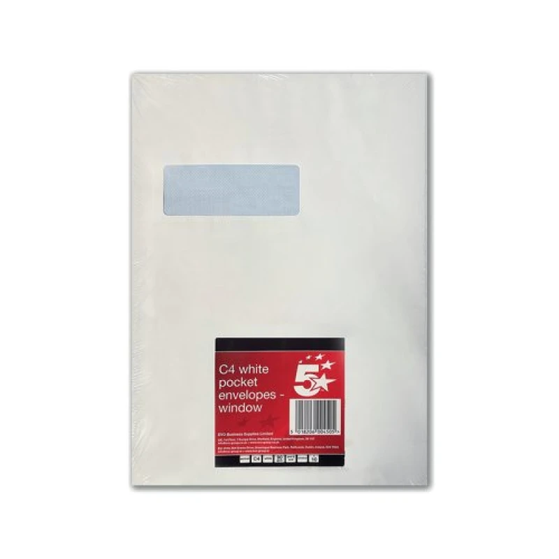 Image of 5 Star Office Peel and Seal C4 Windowed Envelope 90gsm - White (10 Pack) FS600450
