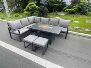 Image of Fimous 6 Seater Outdoor Dark Grey Aluminum Lounge Complete Sofa Set with Gas Fire Pit Table and 2 Stools