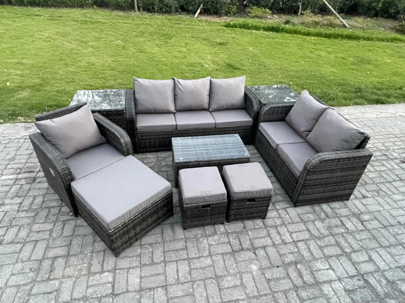 Image of Fimous Outdoor Garden Furniture Sets 9 Pieces Wicker Rattan Furniture Sofa Sets with Rectangular Coffee Table Loveseat Sofa 3 Footstools 2 Side Tables