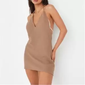 Image of Missguided Textured Halterneck Beach Cover Up Dress - Brown