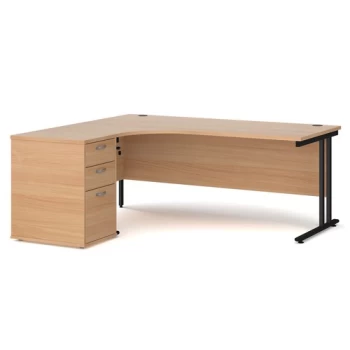 Image of Office Desk Left Hand Corner Desk 1800mm With Pedestal Beech Top With Black Frame Maestro 25