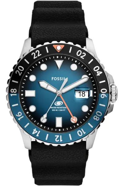 Image of Fossil Gents Fossil Blue GMT Black Silicone Watch FS6049