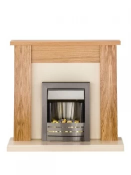 Image of Adam Fire Surrounds New England Fireplace Suite In Oak And Cream With Helios Electric Fire In Brushed Steel