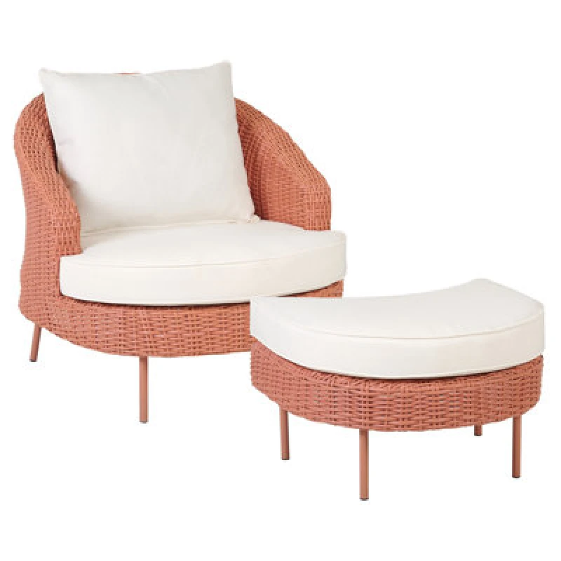 Image of Beliani Garden Armchair With Ottoman Arcille Pe Rattan Peach Pink