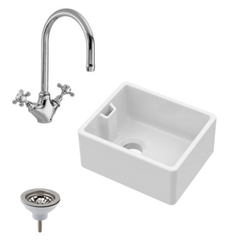 Image of Balterley Fireclay Belfast Sink with Overflow, Mono Sink Mixer Tap Waste 460mm White