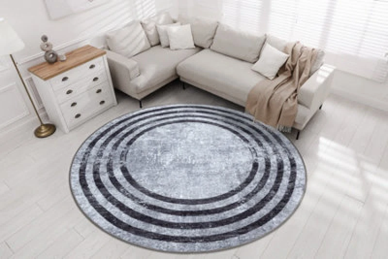 Image of RugsX Miro 51231.806 Circle Washing Carpet Lines Anti Slip - Grey / Black Circle 100 Cm
