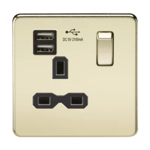 Image of KnightsBridge 13A 1G Screwless Polished Brass 1G Switched Socket with Dual 5V USB Charger Ports - Black Insert