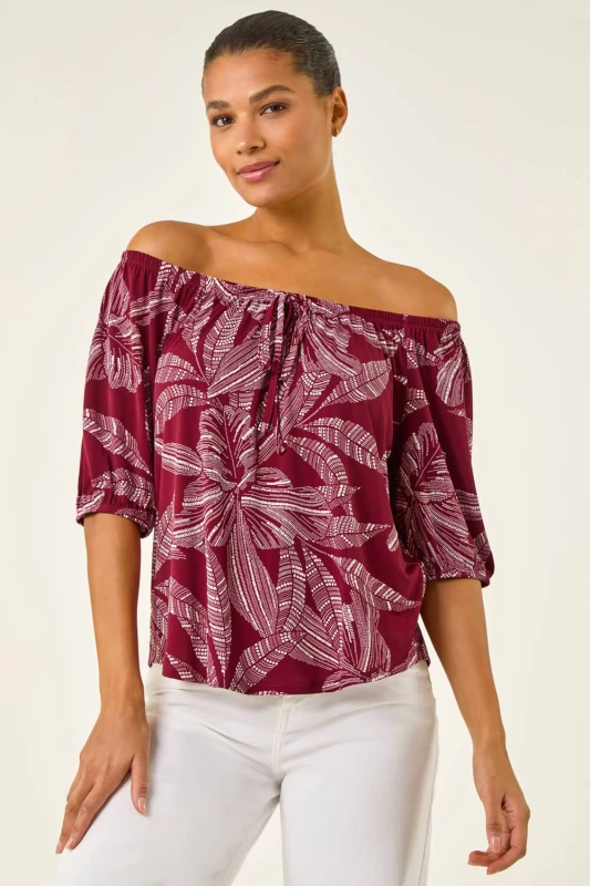 Image of Roman Womens Floral Puff Print Bardot Top in Red Size: 12 Red Female 12