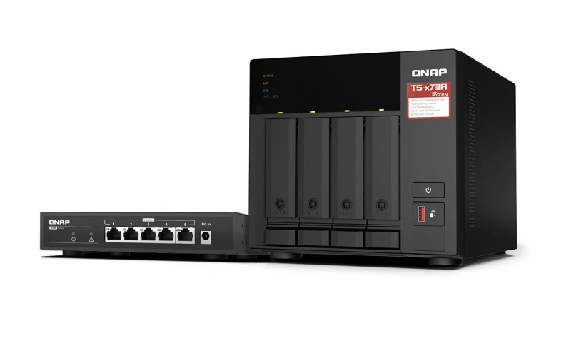 Image of QNAP QNAP TS-473A + QSW-1105-5T Bundle Pack NAS Tower Ryzen Embedded V1500B 8GB DDR4 0 TB QNAP Turbo System Black TS-473A-SW5T