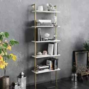 Image of Decorotika Paula 5-Tier Modern Decorative Bookshelf, Multifunctional Shelving Unit For Living Room, Bedroom, Kitchen - White Marble Effect And Gold