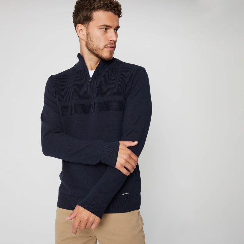 Image of Threadbare 'Foxwood' Rib Detail Crew Neck Quarter Zip Jumper Navy