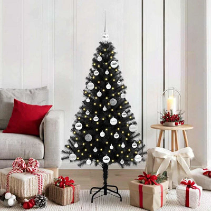 Image of vidaXL Christmas Tree with 150 LEDs, Silver Balls with Stand Black 150cm PVC, Black 3396470