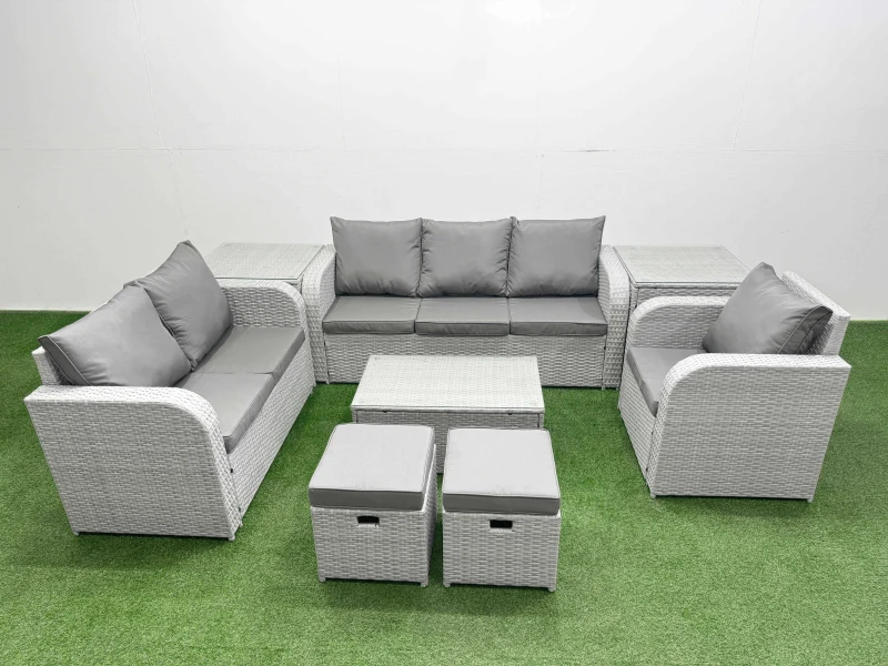 Image of Fimous Patio PE Wicker 8 Seater Outdoor Rattan Furniture Sofa Sets with Rectangular Coffee Table Reclining Chair Loveseat Sofa 3 Seater Sofa Stool 2 S