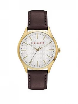 Image of Ted Baker Silver Sunray and Gold Detail Dial Brown Leather Strap Watch, One Colour, Men