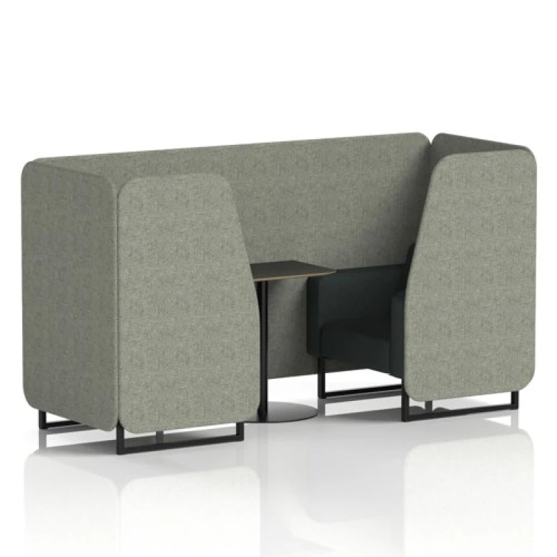 Image of Brixworth 2 Seater Office Booth with Front Panel - Black Legs and Black Table with Black Leg in Rivet Fabric - Vitreous Panels and Charcoal Sofa