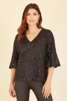Image of Black Sequin Top With Fluted Sleeve