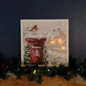 Image of LED Battery Operated Fibre Optic Wall Art Canvas with a Robin and Postbox Christmas Decoration