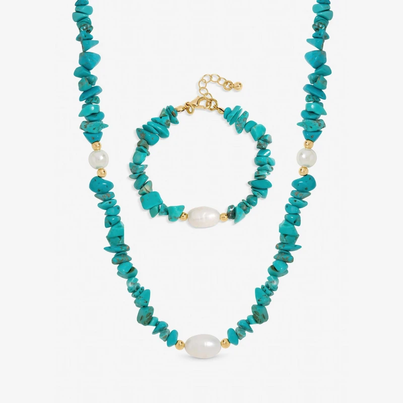 Image of Mood Gold Plated Turquoise and Pearl Beaded Set Gold female One Size