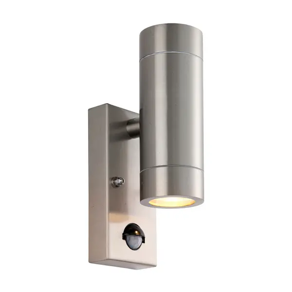 Image of Palin PIR Outdoor Up Down Wall Lamp 2 Light Brushed Stainless Steel IP65