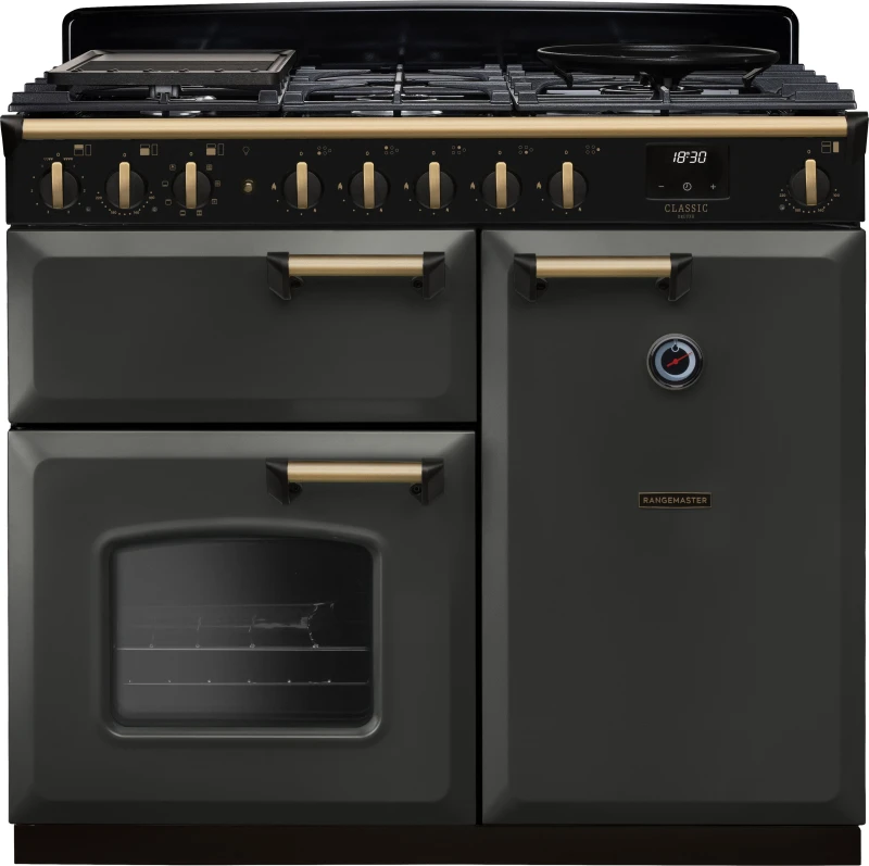 Image of Rangemaster Classic Deluxe 100 Dual Fuel CLDL100DFPSLT/AB1 100cm wide Dual Fuel Range Cooker with Gas Hob - Slate / Antique Brass - A Rated