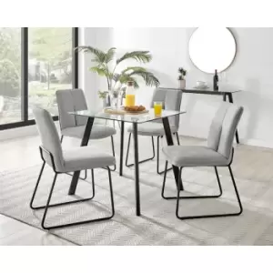 Image of Furniturebox UK - Furniturebox Seattle Glass and Black Metal Leg Square Dining Modern Industrial Dining Table & 4 Light Grey Halle Fabric Chairs