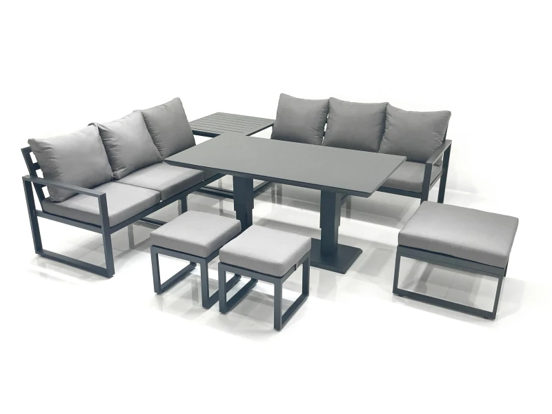 Image of Fimous 9 Seater Aluminium Outdoor Garden Furniture Set with Adjustable Rising Lifting Dining Table 3 Seater Sofa 3 Footstools Side Table Dark Grey Dar