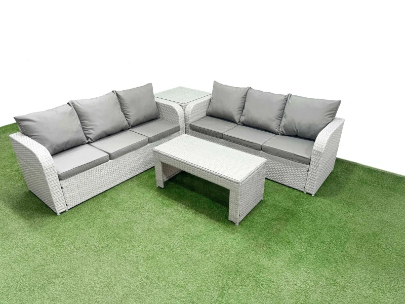 Image of Fimous Outdoor Garden Furniture Sets 6 Seater Wicker Rattan Furniture Sofa Sets with Oblong Coffee Table high Back Lounge Sofa Side Table Light Grey L