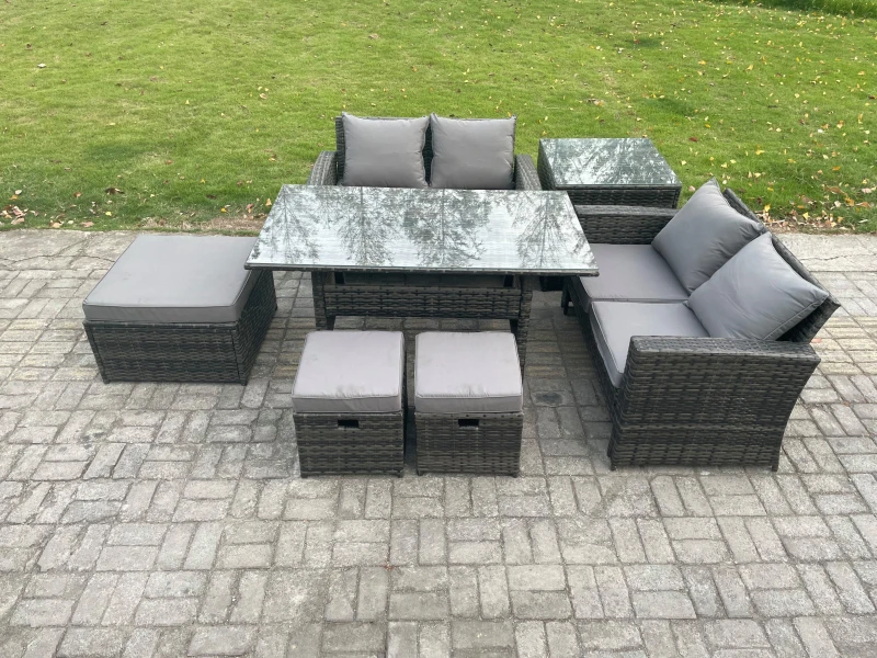 Image of Fimous 7 Seater High Back Outdoor Garden Furniture Rattan Sofa Dining Table Set with 3 Footstools Side Table Dark Grey Mixed Dark Grey Unisex
