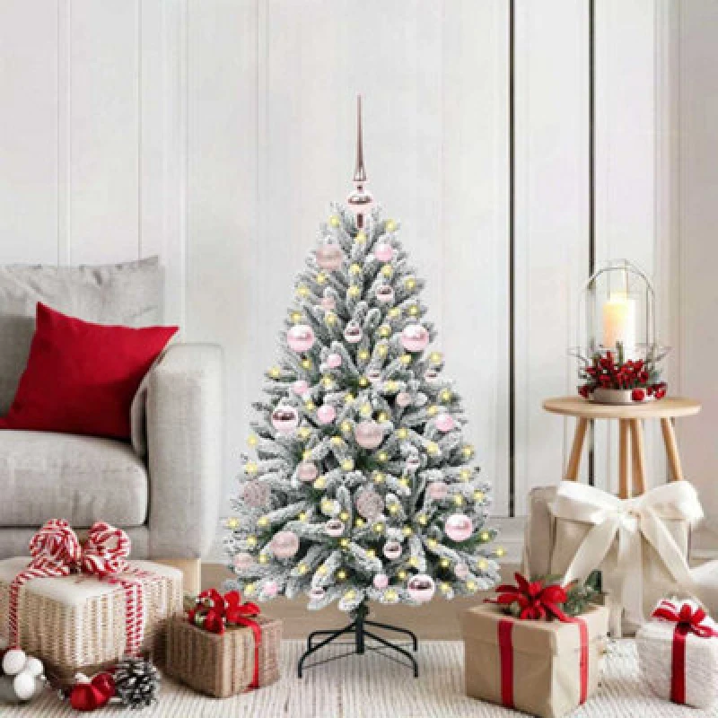 Image of vidaXL Artificial Christmas Tree with Pink Balls Green and White 120cm PVC and Metal, Green 3395732