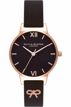 Image of Ladies Olivia Burton Vintage Bow Embellished Strap Black & Rose Gold Watch OB16VB07