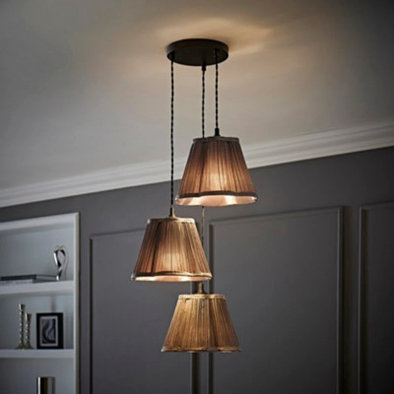Image of ValueLights ValueLights Loralei Grey Pleated Faux Silk 3 Drop Ceiling Pendant Light and Bulbs in Dark Grey Dark Grey One Size Unisex 5059406064531