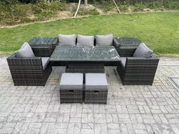 Image of Fimous 5 Seater Outdoor Dark Grey Rattan Lounge Complete Sofa Set with Adjustable Dining Table, 2 Side Tables and 2 Stools