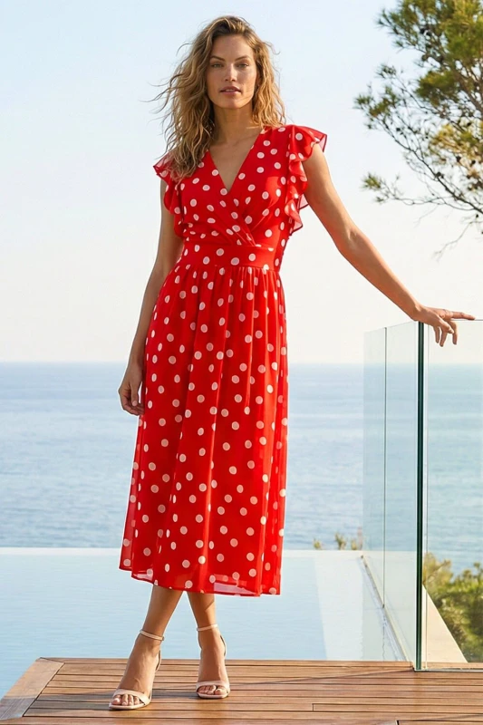 Image of Roman Womens Spot Frill Fit & Flare Dress in Red Size: 18 Red Female 18