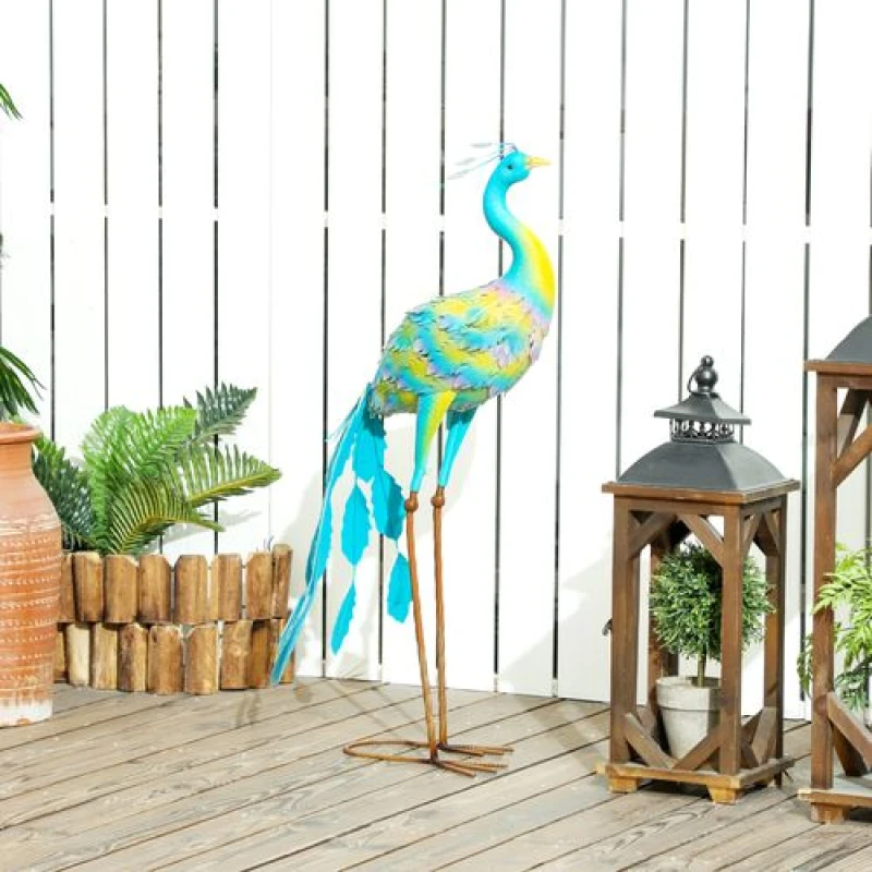 Image of Outsunny Peacock Garden Statue, Metal Garden Gift with Stakes, Multi-Colour Multi